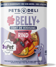 Produktbild von Pets Deli Belly Balance Rind und Gans Stückchen in Sauce für Senior Hunde zur Unterstützung der Verdauung 800g Dose