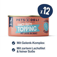 Produktbild von Pets Deli Fancy Filets Hundefutter-Topping Huhn und Lachs in Sauce, getreidefrei und ohne Zucker, 12x70 g - 12 x 70 g