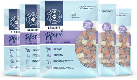 Produktbild von Pets Deli Hundefutter Sensitive BARF Pferd mit Karotte und Kartoffel hypoallergen getreidefrei Adult 5x200g - 5 x 200 g