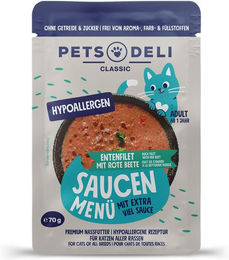 Produktbild von Pets Deli Hypocare Nassfutter für Senioren Katzen Ente und Thunfisch Stückchen in Sauce Hypoallergen Getreidefrei 70g