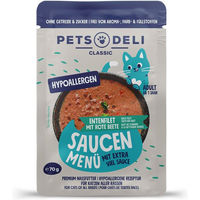 Produktbild von Pets Deli Hypocare Nassfutter für Senioren Katzen Ente und Thunfisch Stückchen in Sauce Hypoallergen Getreidefrei 70g