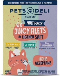 Produktbild von Pets Deli Juicy Filets Multipack für Senioren Huhn mit Ei, Ente und Huhn mit Lammleber 6x70g - 6 x 70 g