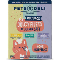 Produktbild von Pets Deli Juicy Filets Multipack für Senioren Huhn mit Ei, Ente und Huhn mit Lammleber 6x70g - 6 x 70 g
