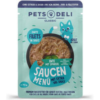 Produktbild von Pets Deli Katzen Nassfutter Ente mit Thunfisch Stückchen in Sauce getreidefrei und ohne Zucker 70g Beutel - 70 g