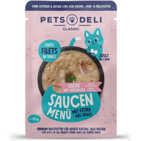 Produktbild von Pets Deli Katzen Nassfutter Saucen Menü Lachs und Thunfisch Stückchen in Sauce für Senior Katzen getreidefrei ohne Zucker 70g 36er Pack - 36 x 70 g