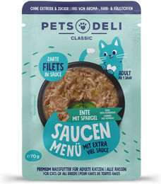 Produktbild von Pets Deli Katzen Nassfutter Stückchen in Sauce Ente und Thunfisch getreidefrei und ohne Zucker 70g 36er Pack - 36 x 70 g