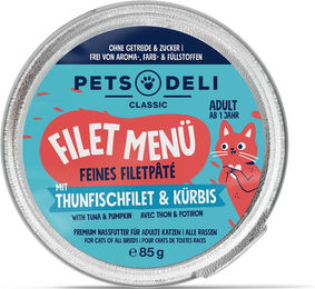 Produktbild von Pets Deli Katzenfutter Nass Adult Thunfisch und Pute mit Stückchen in Sauce, getreidefrei, glutenfrei und zuckerfrei, 85g - 85 g