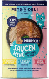 Produktbild von Pets Deli Katzenfutter Nass Saucen Menü Multipack mit Pute, Thunfisch und Huhn für Adult, getreidefrei und zuckerfrei, 6 x 70g - 6 x 70 g