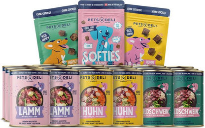 Produktbild von Pets Deli Mix Vorratspaket Nassfutter und Snacks für Hunde Junior Huhn Lamm Wildschwein 18x400g - 18 x 400 g