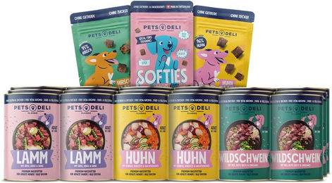 Produktbild von Pets Deli Mix Vorratspaket Nassfutter und Snacks für Hunde Junior Huhn Lamm Wildschwein 18x800g - 18 x 800 g