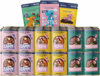 Produktbild von Pets Deli Mix Vorratspaket Nassfutter und Snacks für Hunde Junior Huhn Lamm Wildschwein 36x400g - 36 x 400 g