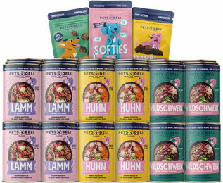 Produktbild von Pets Deli Mix Vorratspaket Nassfutter und Snacks für Hunde Junior Huhn Lamm Wildschwein 36x800g - 36 x 800 g