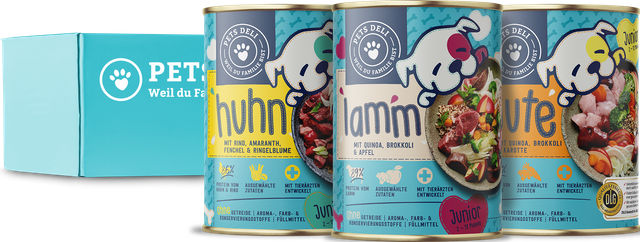 Produktbild von Pets Deli Nassfutter Junior Welpen Mix Huhn Pute Lamm 36x400g - 36 x 400 g