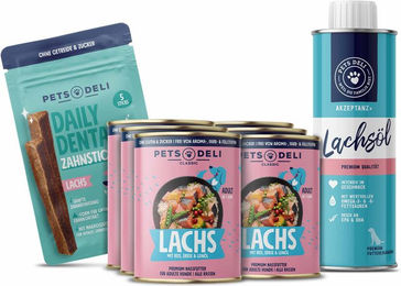 Produktbild von Pets Deli Probierpaket SOS Haut und Fell Lachs Senior Haut-Fell-Supplement Öl 2570g - 2570 g