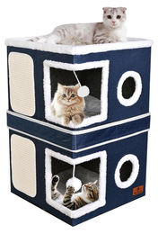 PETTDATE Faltbares Katzenhaus 2-stöckig mit Kratzbrett und Spielball Blau 41x41x63 cm – Bild 1 von 1