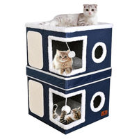 Produktbild von PETTDATE Faltbares Katzenhaus 2-stöckig mit Kratzbrett und Spielball Blau 41x41x63 cm