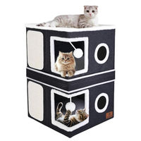 Produktbild von PETTDATE Faltbares Katzenhaus 2-stöckig mit Kratzbrett und Spielball Dunkelgrau 41x41x63 cm