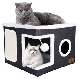 PETTDATE Faltbares Katzenhaus 2-stöckig mit Kratzbrett und Spielball Grau 41x41x32 cm – Bild 1 von 1