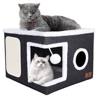 Produktbild von PETTDATE Faltbares Katzenhaus 2-stöckig mit Kratzbrett und Spielball Grau 41x41x32 cm
