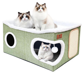 PETTDATE Katzenhaus Indoor 2-stöckig mit Kratzbrett und Spielball Grün 60x43x32 cm – Bild 1 von 1