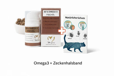 Pfoten-Boutique Set aus Omega-3 Futterergänzung Paste für Katzen und Zecken Stopp Halsband in Schwarz – Bild 1 von 1