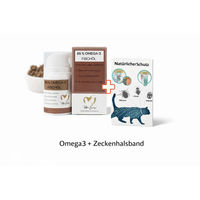 Produktbild von Pfoten-Boutique Set aus Omega-3 Futterergänzung Paste für Katzen und Zecken Stopp Halsband in Schwarz