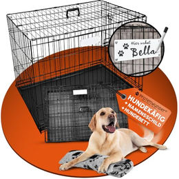 PfotenWunder Hundekäfig klappbar aus Draht mit 2 Türen, Hundebett und Trainingsbuch, Transportbox für Hunde in Schwarz, 107x71x77.5cm – Bild 1 von 7