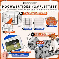 Produktbild von PFOTENWUNDER Welpenauslauf 8/12-teiliges Set mit Hundebett und Trainingsbuch, faltbarer Laufstall für Welpen, 80cm hoch, 2x2m, Indoor und Outdoor