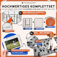 Produktbild von PfotenWunder Welpenlaufstall 8-teilig aus Metall mit Hundebett und Trainingsbuch, 2x2m groß und 80cm hoch, schwarz, wetterfest für Indoor und Outdoor