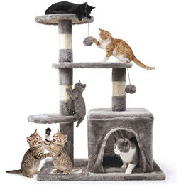 Platan Kratzbaum für Katzen Grau 80 cm mit 4 Ebenen, Höhle und Spielzeug aus Plüsch und Sisal – Bild 1 von 5