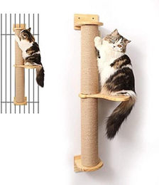 PolkaHome Katzenkratzbaum mit Kratzsäule und Hängematte aus Holz, Wandmontierter Aktivitätsbaum für Katzen (Junior, Adult, Senior), Beige, 93 cm – Bild 1 von 1