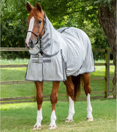 Produktbild von Premier Equine Fly Lite Fliegendecke für Pferde in Silber und Weiß mit Edelstahl-Elementen