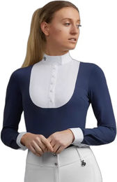 Produktbild von Premier Equine Navarra Wettkampf-Reitbluse für Damen mit langen Ärmeln in Blau-Weiß Größe 42