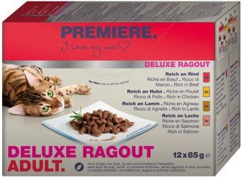 Produktbild von Premiere Deluxe Ragout Adult Katzenfutter Stückchen in Sauce Getreidefrei 12x85g - 12 x 85 g