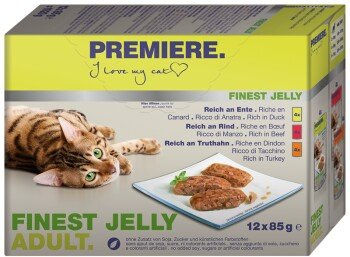 Produktbild von Premiere Finest Jelly Katzenfutter Adult Stückchen in Gelee Ente Rind Truthahn Getreidefrei 12x85g - 12 x 85 g