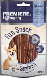 Produktbild von PREMIERE Fun Snack Sandwich Huhn mit Seelachs Trockenfleisch für Hunde 6x70 g ohne Farb-, Aroma- oder Konservierungsstoffe und ohne Zucker - 6 x 70 g