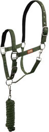 Produktbild von Premiere Halfter und Führstrick Set für Pferde mit Karabinerhaken aus Gurtband in Schwarz und Grün