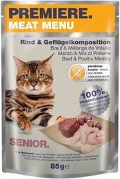PREMIERE Meat Menu Senior Katzenfutter Rind und Geflügel getreidefrei ohne Zucker 12x85 g – Bild 1 von 1