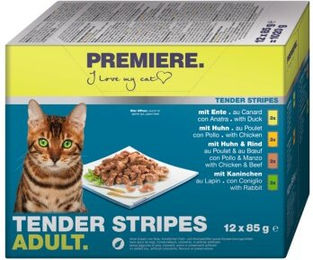 Produktbild von Premiere Tender Stripes Katzen Nassfutter Adult Multipack mit Ente Huhn Rind und Kaninchen 12x85g - 12 x 85 g