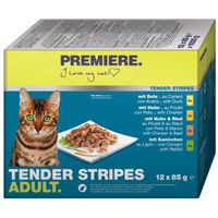 Produktbild von Premiere Tender Stripes Katzen Nassfutter Adult Multipack mit Ente Huhn Rind und Kaninchen 12x85g - 12 x 85 g