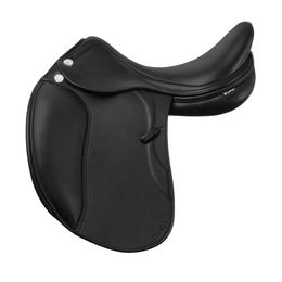 Produktbild von Prestige Sattel PR Inspire D DR aus Leder für Ponys in Schwarz mit doppelter Polsterung und +2cm hinten sowie Klettpauschen