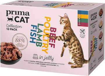 Produktbild von PrimaCat Classic Katzenfutter Stückchen in Gelee Mix 4 Sorten 12 x 85 g getreidefrei ohne Zucker - 12 x 85 g