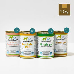 Probiermenü Haustierkost Hund und Katze Hirsch Lamm Lachs und Truthahn 4 x 400 g – Bild 1 von 2