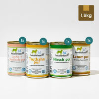 Produktbild von Probiermenü Haustierkost Hund und Katze Hirsch Lamm Lachs und Truthahn 4 x 400 g