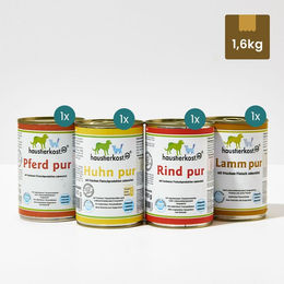 Probiermenü Hund und Katze mit Rind, Huhn, Lamm und Pferd ohne Farb- und Aromastoffe sowie Konservierungsstoffe 4 x 400 g – Bild 1 von 2
