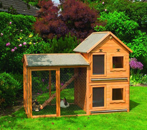 Promadino Kleintiervilla Maxi aus Holz mit Erweiterung und Auslaufgehege Braun 179,5 x 101 x 140 cm – Bild 1 von 2