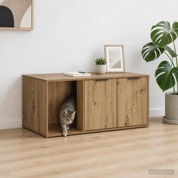 PUEAZU Katzenkiste Möbel Artisan-Eiche 100 x 49 x 45 cm aus Holzwerkstoff mit Kratzbaum – Bild 1 von 1