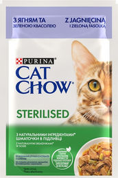 Produktbild von Purina Cat Chow Sterilisiert Katzenfutter Adult Lamm und grüne Bohnen Stückchen in Gelee 26 x 85 g - 26 x 85 g