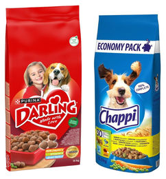 Purina Darling Rindfleisch und Huhn mit Gemüse sowie Chappi Geflügel Trockenfutter für Hunde 28,5 kg Set – Bild 1 von 1