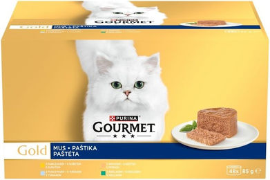 Produktbild von Purina Gourmet Gold Mousse Nassfutter für adulte Katzen mit Huhn, Thunfisch, Pute und Kaninchen 48x85g